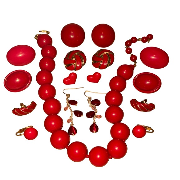 Vintage Red Jewelry Earrings & Necklace Bundle 9 Piece Jewelry Lot - Picture 3 of 12